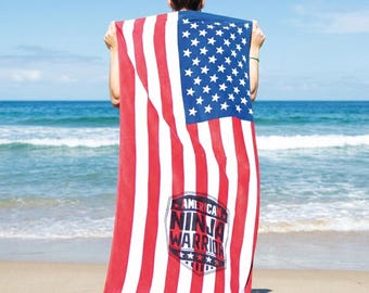 Personalized US Flag Beach Towel: Custom Name, Patriotic Gift
