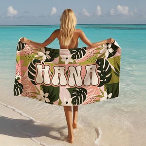 Personalized Tropical Floral Beach Towel, Custom Name Pool Towel, Summer Vacation Gift TROPICAL_3