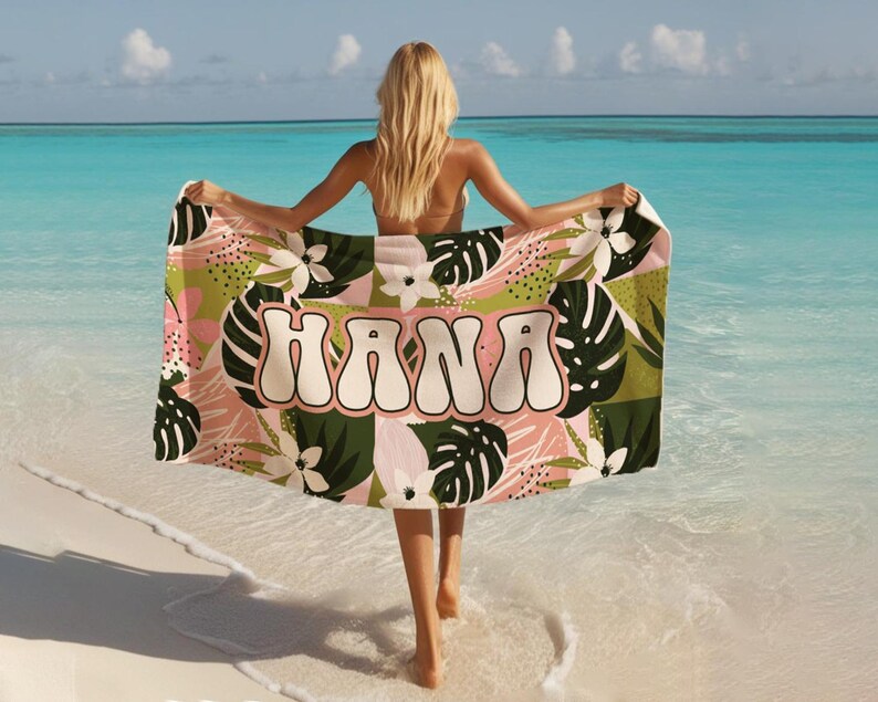 Personalized Tropical Floral Beach Towel, Custom Name Pool Towel, Summer Vacation Gift TROPICAL_3