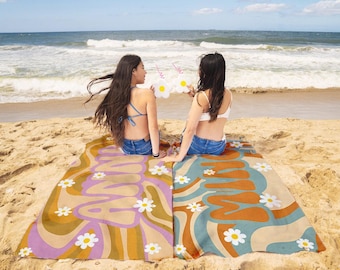 Personalized Beach Towel Retro Style Custom Name Bath Towel Groovy Design Birthday Vacation Gift