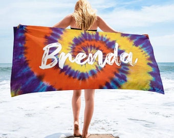 Multi-Color Tie Dye Style Personalized Beach Towel Personalized Name Bath Towel Custom Pool Towel Beach Towel With Name Outside Birthday