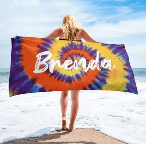 Multi color Tie Dye Style Personalized Beach Towel Personalized Name Bath Towel Custom Pool Towel Beach Towel With Name Outside Birthday Etsy