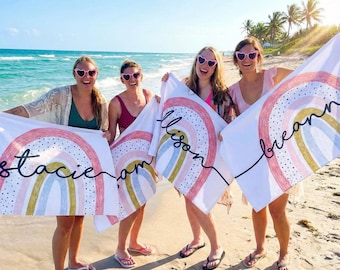 Personalized Rainbow Beach Towel | Custom Name Embroidered Cotton