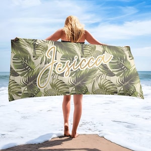 Personalized Tropical Beach Towel: Gold Glitter Name, Hawaiian Style