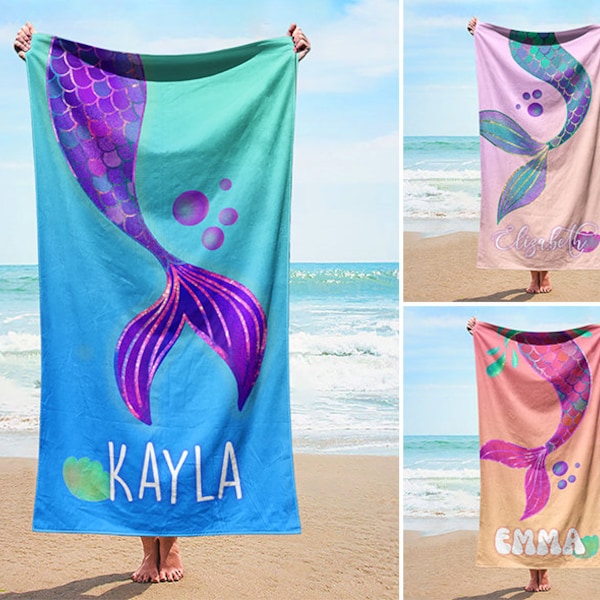 Personalized mermaid beach towel, cute mermaid beach towel, custom marine beach towel, custom beach towel for kids, starfish beach towel