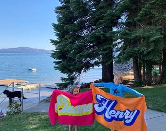 Personalized Retro Beach Towel: Custom Name, Vacation Gift