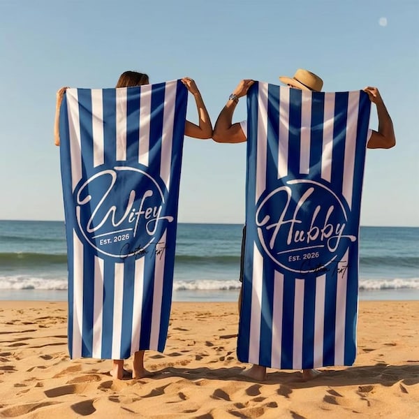 Telo mare personalizzato "Moglie e marito est. 2026": regalo per la luna di miele, 1 pezzo