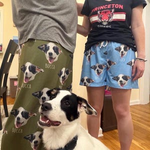 May include: Olive green pajama pants and light blue athletic shorts, both featuring a repeating pattern of a black and white dog's face with the text "BUCCA" printed underneath each image. The shorts have a white drawstring at the waist.
