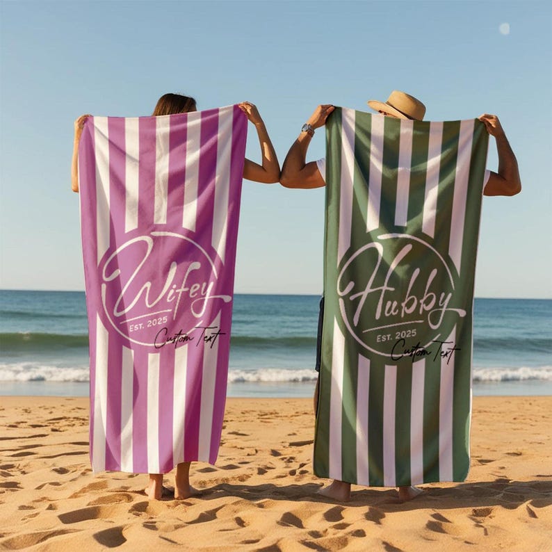 Personalized Wifey & Hubby est.2026 Beach Towel: Honeymoon Gift 1pcs image 4