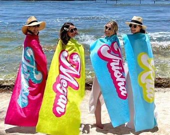 RETRO-Stil Personalisierte Strandtuch Personalisierte Name Badetuch, Pool Handtuch Strandtuch mit Name Außerhalb Geburtstag Urlaub Geschenk