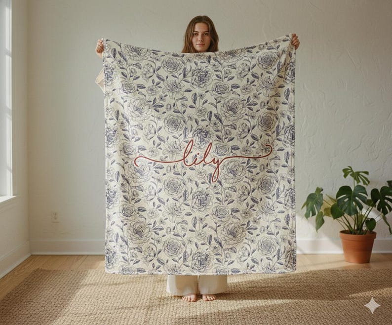 Personalized Watercolor Floral Blanket: Custom Name Minky or Sherpa image 4