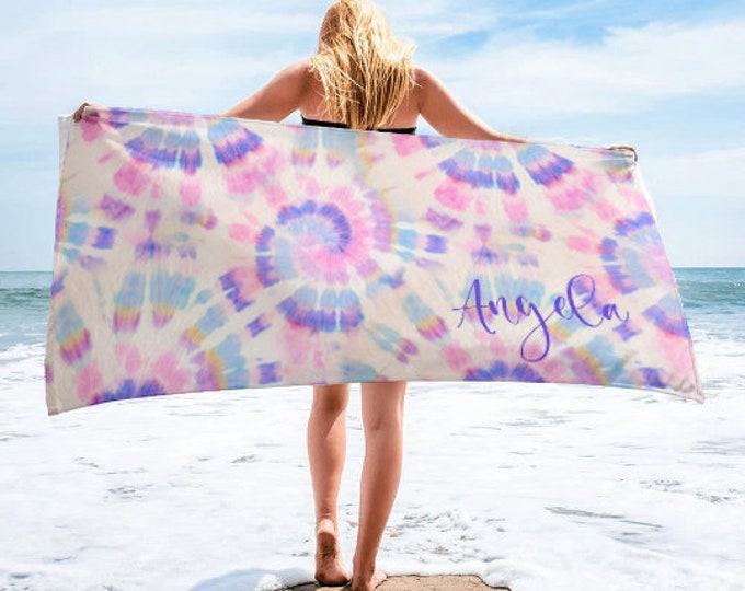 Multi-Color Tie Dye Style Personalize Beach Towel - Personalized Name Bath Towel Custom Pool Towel Beach Towel Name Outside Birthday Gift