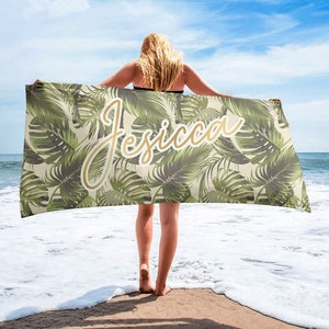 Personalized Tropical Hawaiian Style with Gold Glitter Name Beach Towel, Custom Pool Towel Beach Towel Outside Birthday Vacation Gift