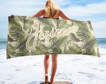 Style hawaïen tropical personnalisé avec une serviette de plage de nom de paillettes d'or, serviette de plage de serviette de piscine personnalisée à l'extérieur du cadeau de vacances d'anniversaire