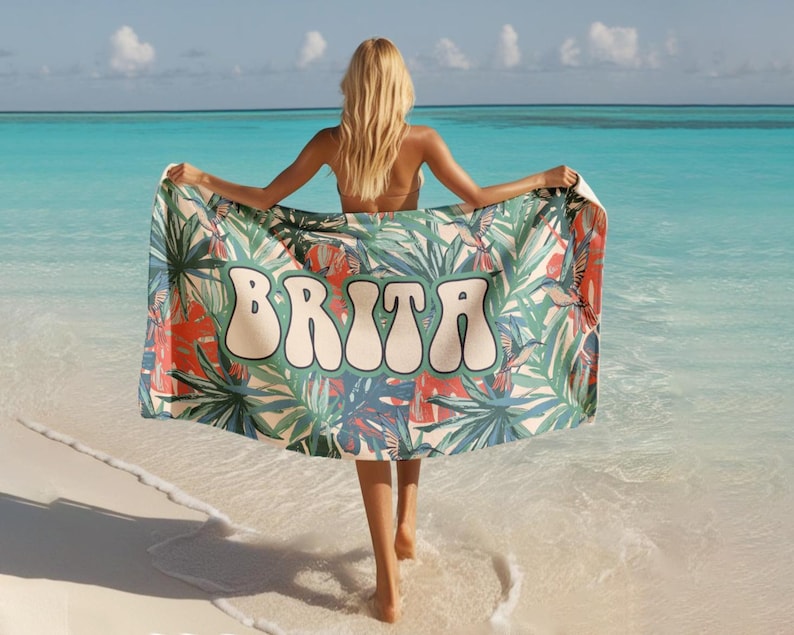 Personalized Tropical Floral Beach Towel, Custom Name Pool Towel, Summer Vacation Gift TROPICAL_4