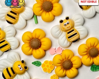 10pcs Flower Bee Flatback Charms Cabochons Sunflower Flowers Bees Bumblebee Summer Slime Supplies Craft Fake Bake Decoden PLAYCODE3