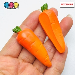 May include: Two orange carrot-shaped toys with green tops are held in a hand. The carrots have a textured surface and are labeled "NOT EDIBLE". The Playcode3 logo is in the upper left corner.