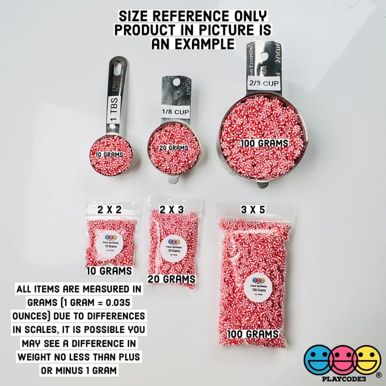 May include: Image showing various quantities of red and white sprinkles in measuring spoons and bags. The image includes text indicating the weight in grams and the size of the bags. The text also states that the product in the picture is an example.