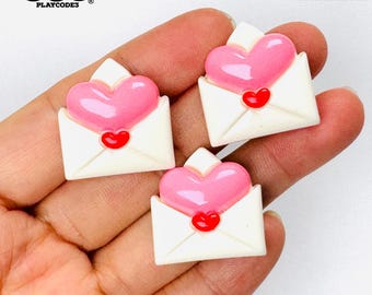 10pcs Pink Puffy Heart Envelope Valentines Flatback Charm PLAYCODE3