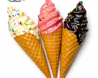 3 pcs Fake Ice Cream Cone Soft Serve Waffle Prop Chocolate Strawberry Vanilla Realistic Faux Food Fake Bake Decor NOT a Toy PLAYCODE3