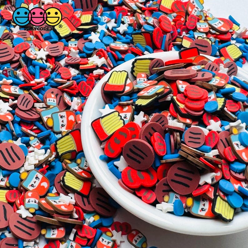 Summer 4th July BBQ Sausage French Fries Burger Mixes 5 10mm Fake Clay Sprinkles Decoden Fimo Jimmies PLAYCODE3 Sprinkle