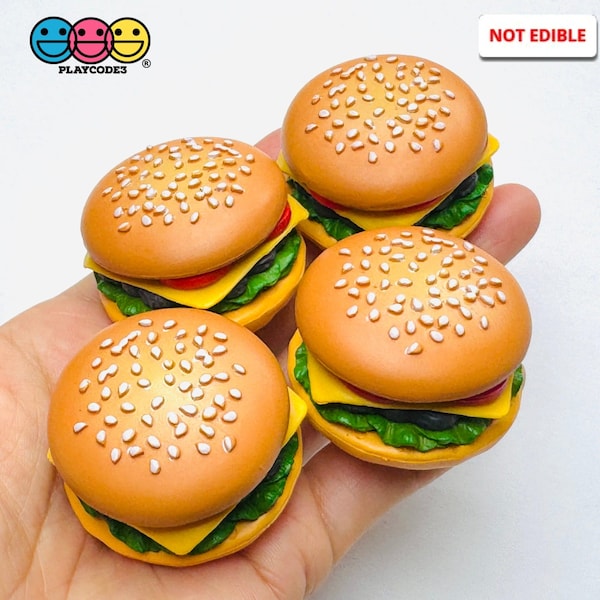 4pcs 3D Hamburger Charms Hamburgers Slime Supplies Crafting Supply Cabochons Burger Miniature Fake Faux Food, Doll House PLAYCODE3