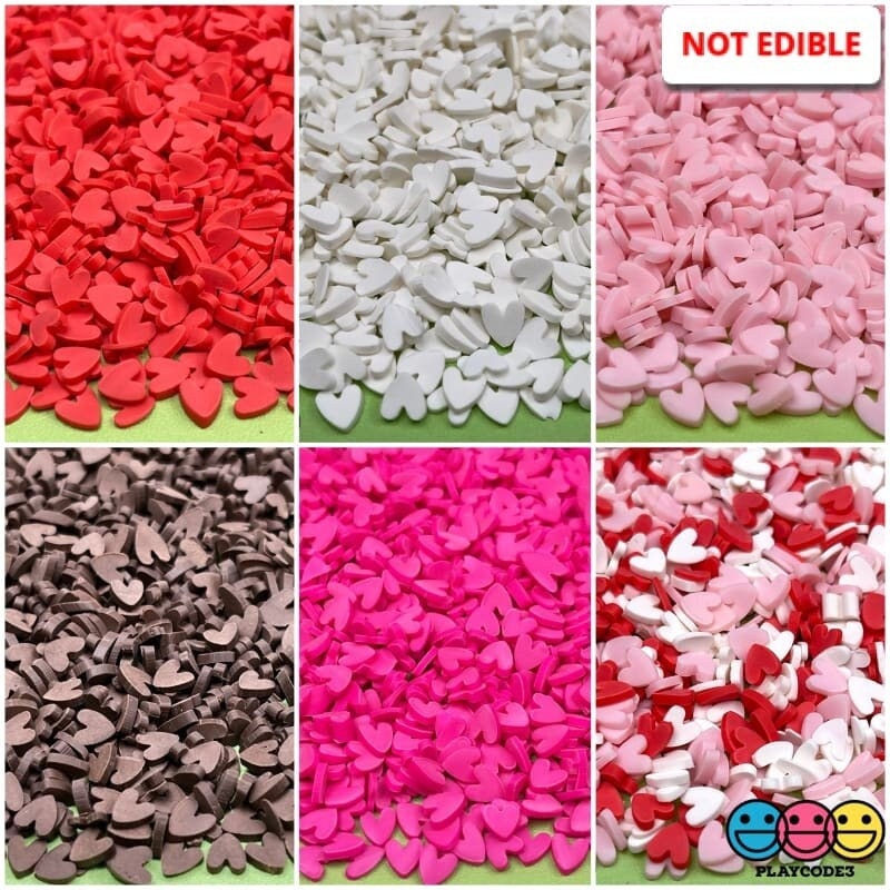 10 gramos 5 mm Corazones del día de San Valentín Rebanadas de Fimo Chispas falsas Suministros de limo de corazón de San Valentín Decoden Shaker Card Fillers Fake Bake PLAYCODE3