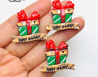 10pcs Christmas Gift Box Happy Holidays Flat back Charms Slime Supplies Fake Bake Headband Hair bow Accessories Cabochons Decoden PLAYCODE3