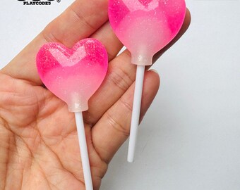 10pcs Pink Glitter Heart Lollipop Fake Food Charm Valentines Prop PLAYCODE3