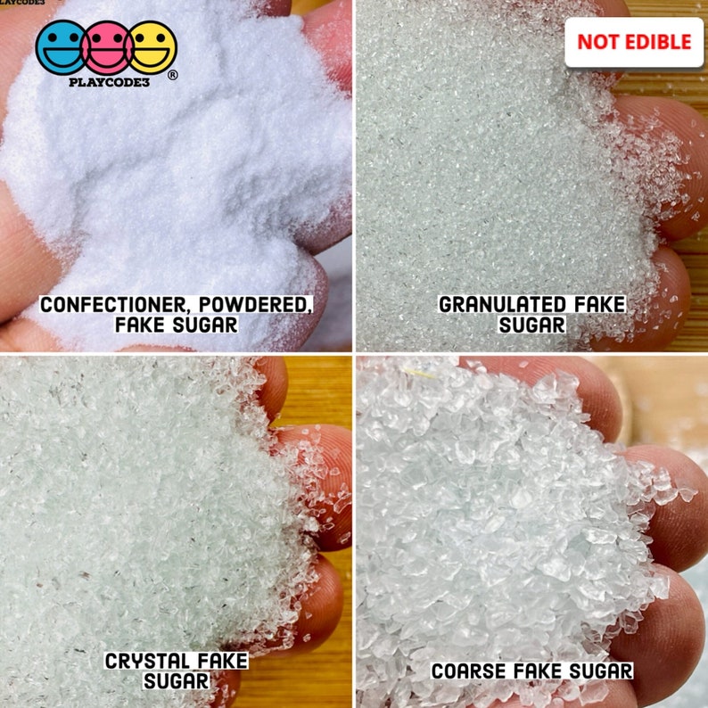 May include: Four different types of fake sugar, labeled "Confectioner, Powdered, Fake Sugar", "Granulated Fake Sugar", "Crystal Fake Sugar", and "Coarse Fake Sugar".  The image includes the text "NOT EDIBLE" and "PLAYCODES".