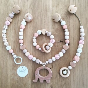Pacifier chain and grasping toy with name, stroller chain and pendant &quot;peachy summerlove&quot;