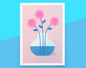 Pink Flowers Risograph Print (A4 210mm x 297mm)