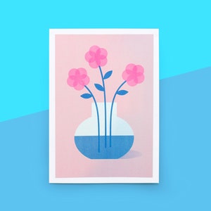 Pink Flowers Risograph Print A4 210mm x 297mm image 1