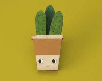 Cactus wooden pin badge - yellow and Birch Hand painted, two layer laser cut badge