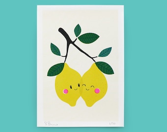 cute lemons print A4, Risograph riso print - wall art decor - kawaii print - bold vibrant quirky,