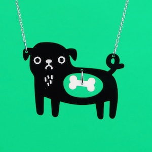 black dog acrylic necklace, quirky Pug and Bone kawaii - Dog necklace gift