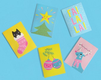 Set of 5 Christmas Cards - Risograph printed A6 size