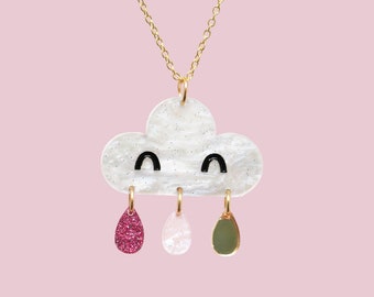 Collier à pendentif nuage et gouttes de pluie. Joli collier nuage et gouttes de pluie, collier de fête à paillettes d'or.