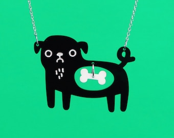 Zwarte acryl hondenketting: eigenzinnige pug & bone kawaii-sieraden