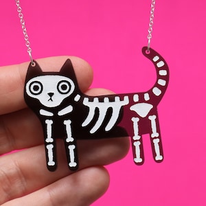 black cat skeleton acrylic necklace, cat necklace gift. image 2