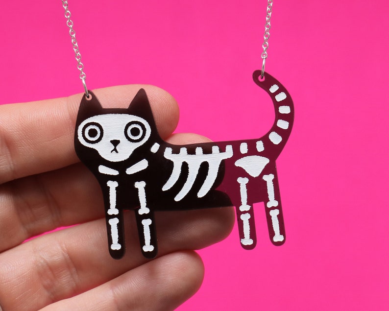 black cat skeleton acrylic necklace, cat necklace gift. image 2