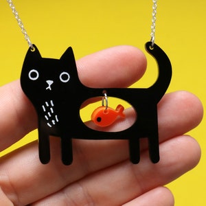 black cat acrylic necklace, quirky cat and fish kawaii cat necklace gift image 2