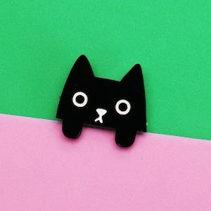 Peeping Cat Brooch – Black Acrylic Laser Cut with Hand-Painted Details