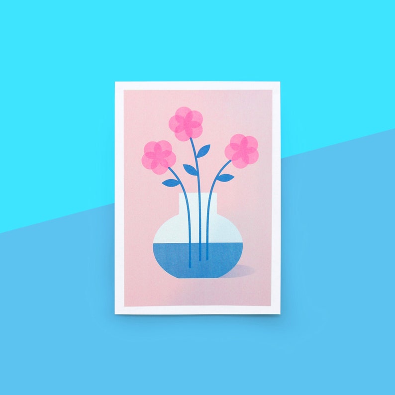 Pink Flowers Risograph Print A4 210mm x 297mm image 1
