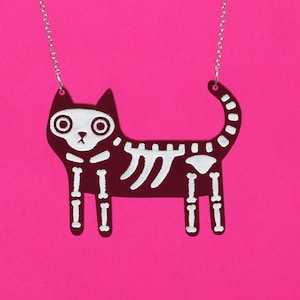 black cat skeleton acrylic necklace, cat necklace gift. image 1