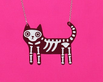 zwarte kat skelet acrylketting, kattenketting cadeau.