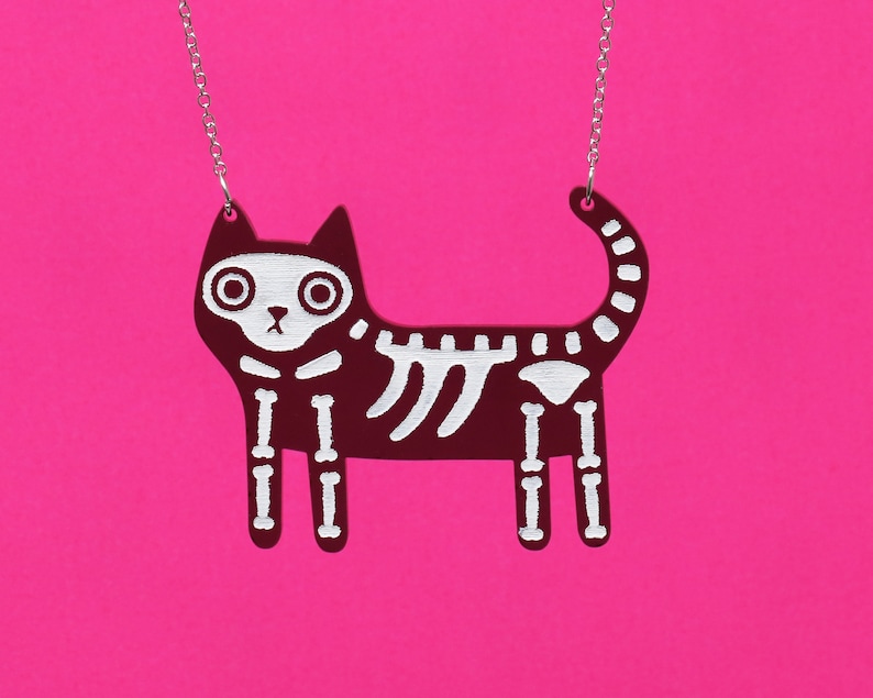 black cat skeleton acrylic necklace, cat necklace gift. image 1