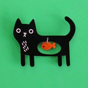 black cat acrylic Brooch, quirky cat and fish kawaii - cat brooch gift