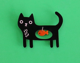 Black Cat Acrylic Brooch: Quirky Kawaii Cat & Fish Pin