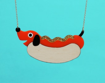sausage dog necklace, hotdog necklace quirky fun jewellery
